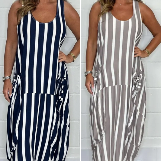 🌸Speciale prijs🌸👗Lange jurk met gestreepte oversized zakken zonder mouwen